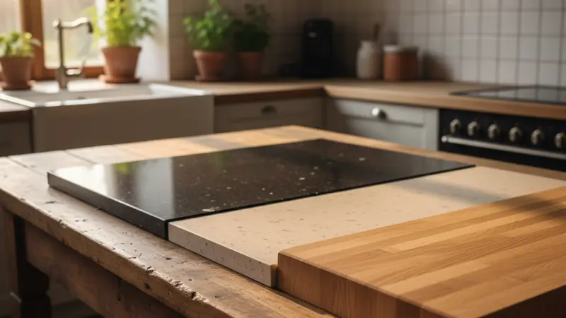 Verschiedene Arbeitsplattenmaterialien im direkten Vergleich: Granit, Quarzkomposit und Massivholz