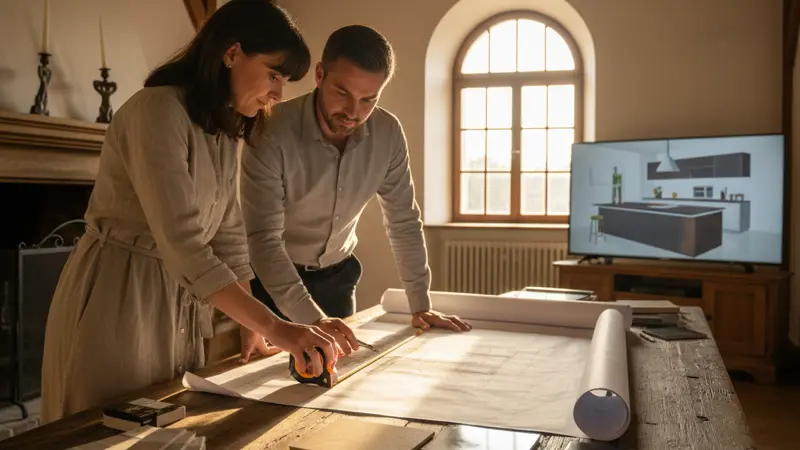 Küchenplanung mit Grundriss, Materialmustern und Farbproben auf einem Tisch