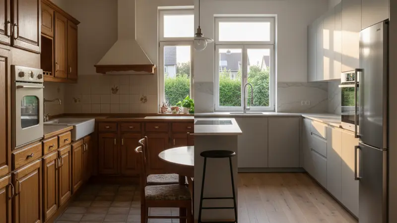 Vorher-Nachher Vergleich einer Küchenrenovierung mit neuen Fronten