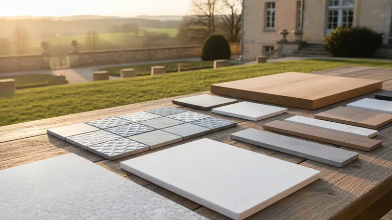 Verschiedene Arbeitsplattenproben auf einem Tisch: Granit, Quarzkomposit, Keramik, Massivholz und Laminat