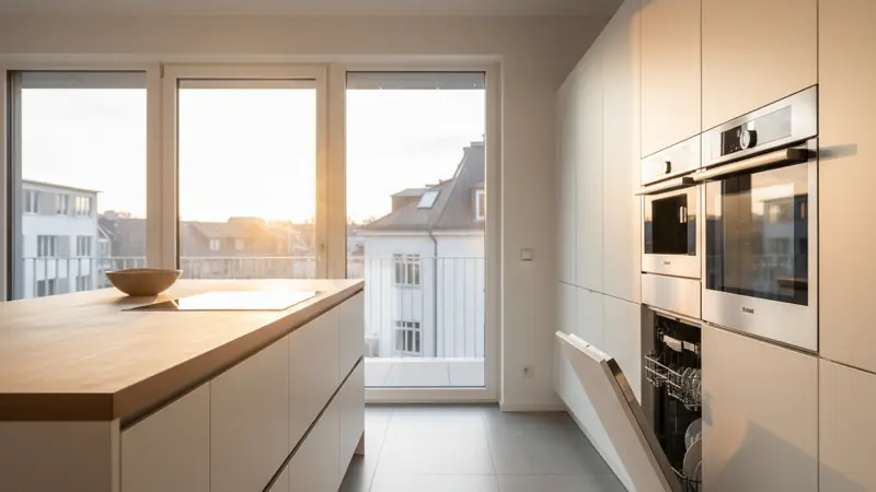 Moderne Einbaugeräte in einer Küche: Induktionskochfeld, Backofen auf Augenhöhe und Geschirrspüler