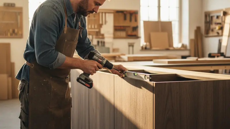 Professioneller Schreiner montiert eine Küchenfront mit Präzisionswerkzeug