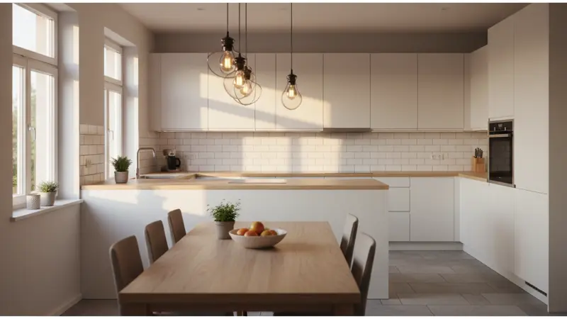 Fertig renovierte Küche in einem deutschen Eigenheim: Helle Fronten, Holz-Arbeitsplatte, moderne Pendelleuchten