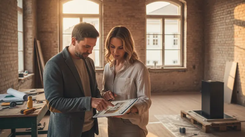 Küchenplaner und Hauseigentümer schauen gemeinsam auf ein Tablet mit Küchenplanungssoftware