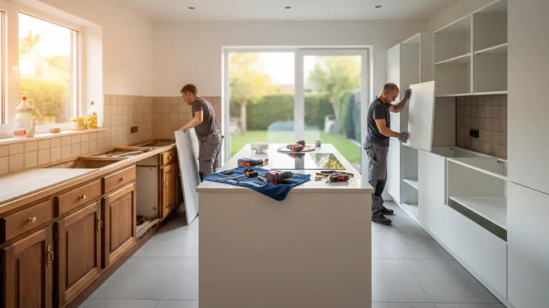 Küchenrenovierung in Arbeit: Neue helle Fronten werden neben alten Holzfronten montiert