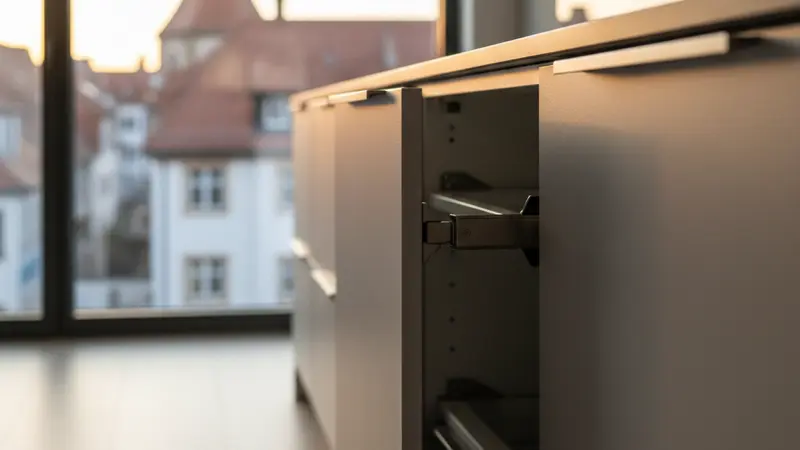 Moderne matte Küchenfronten in Grau auf weißen Korpussen, griffloses Design