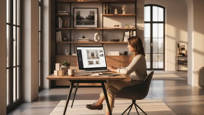 Person plant eine neue Küche am Laptop mit einem Online-Küchenplaner