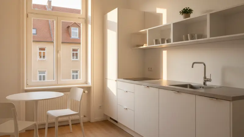 Weiße Respekta Küchenzeile in einer hellen deutschen Mietwohnung mit Tageslicht