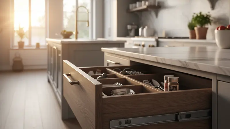 Detailaufnahme einer Küchenschublade mit Beschlägen und Vollauszug