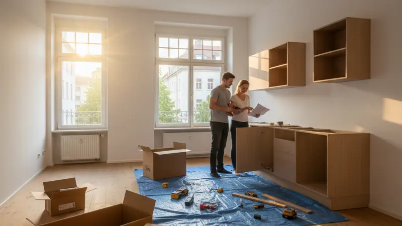Junges Paar baut eine Küchenzeile in einer leeren Wohnung auf, Kartons und Werkzeug sichtbar
