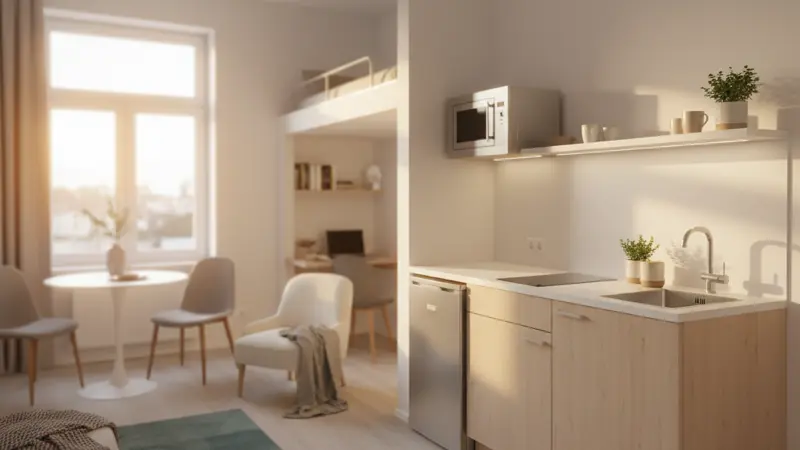 Kompakte Küchenzeile in einer modernen Studentenwohnung