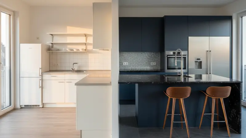 Vergleich einer einfachen Budget-Küchenzeile neben einer hochwertigen Einbauküche