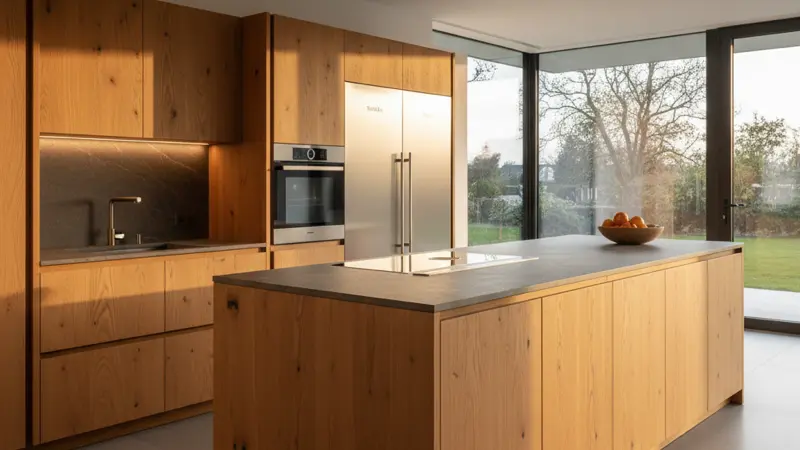 Moderne maßgefertigte Küche vom Schreiner mit Massivholzfronten und Naturstein-Arbeitsplatte in einem deutschen Einfamilienhaus