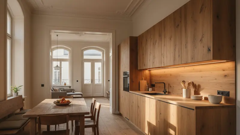 Zeitlose Massivholzküche in einem renovierten Altbau mit hohen Decken und moderner Beleuchtung