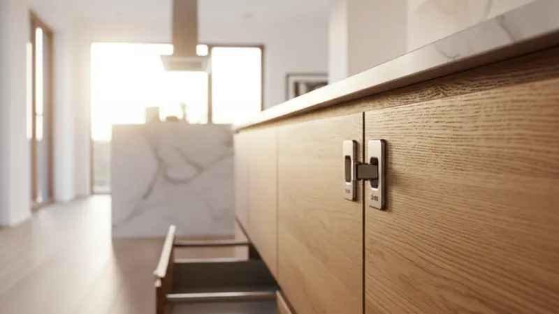 Nahaufnahme von Massivholz-Küchenfronten aus Eiche mit sichtbarer Maserung und hochwertigen Edelstahl-Beschlägen