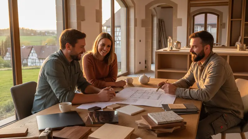 Schreinermeister bespricht Küchenplanung mit einem Kunden anhand von Materialmustern und Skizzen am Tisch