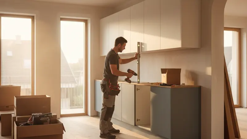 Schreiner bei der Montage einer maßgefertigten Küche in einem deutschen Neubau