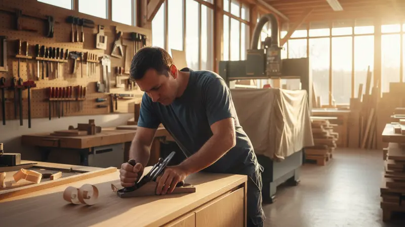 Schreiner bei der Arbeit an Küchenfronten aus Massivholz in einer modernen Schreinerei-Werkstatt