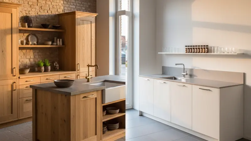 Vergleich zwischen einer maßgefertigten Schreinerküche und einer Serienküche in einem modernen Showroom