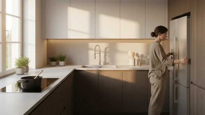 Person kocht in einer U-förmigen Küche mit kurzem Weg zwischen Herd, Spüle und Kühlschrank