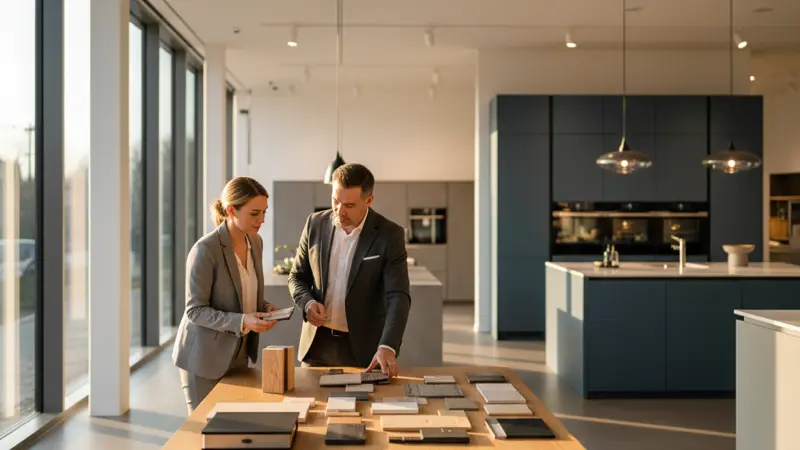 Küchenberatung in einem deutschen Küchenstudio mit Berater und Kundin am Beratungstisch