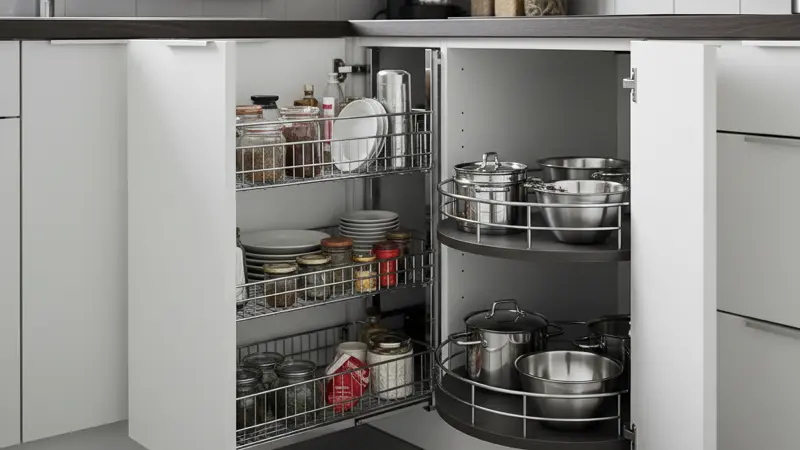 Ausgezogenes Magic Corner System in einem Eckschrank einer U-Küche mit sichtbarem Stauraum