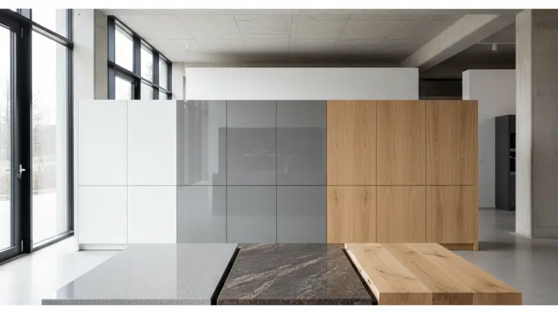 Verschiedene Küchenfronten in matt weiß, hochglanz grau und Echtholz Eiche mit unterschiedlichen Arbeitsplatten