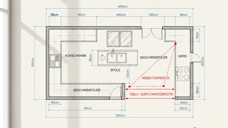 Grundrissplanung einer U-förmigen Küche mit eingezeichneten Maßen und Arbeitsdreieck