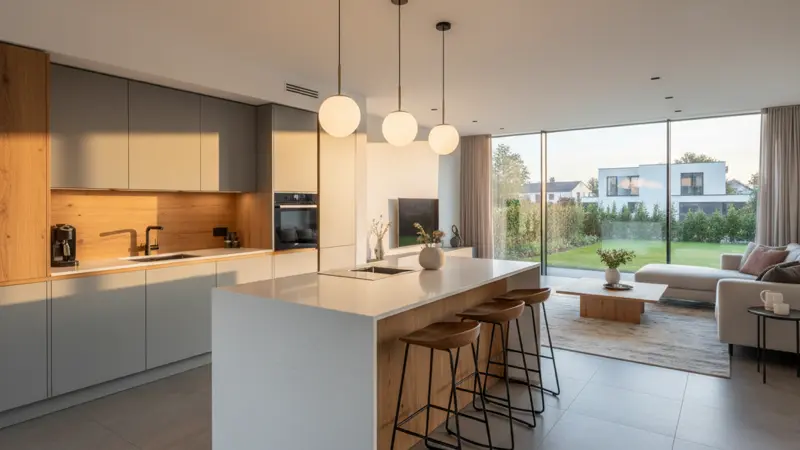 Große U-förmige Küche mit freistehender Kücheninsel in der Mitte und Barhockern in einem offenen Wohnbereich