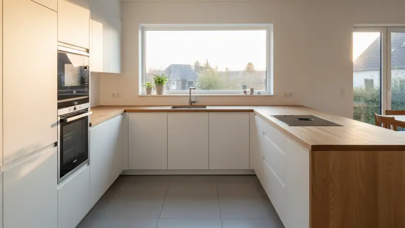 Moderne weiße U-förmige Einbauküche mit Eichenholz-Arbeitsplatte in einem deutschen Einfamilienhaus