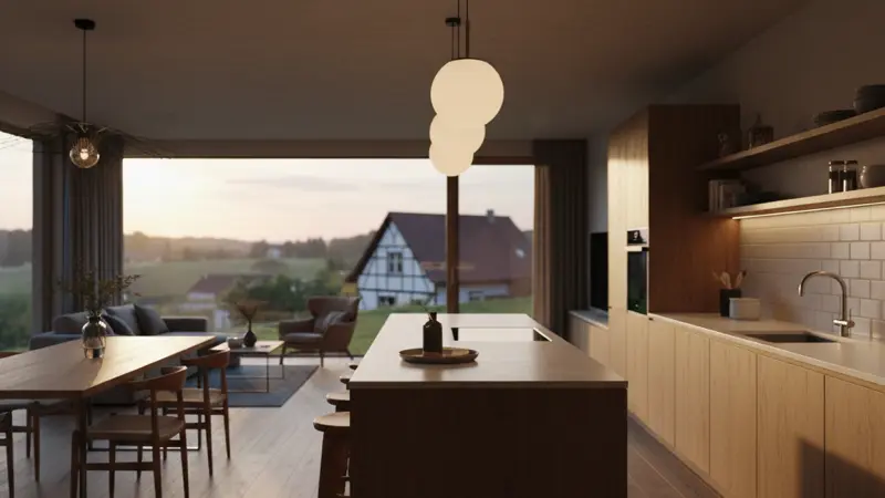 Wohnküche mit warmweißen Pendelleuchten über der Kochinsel und LED-Streifen unter Oberschränken