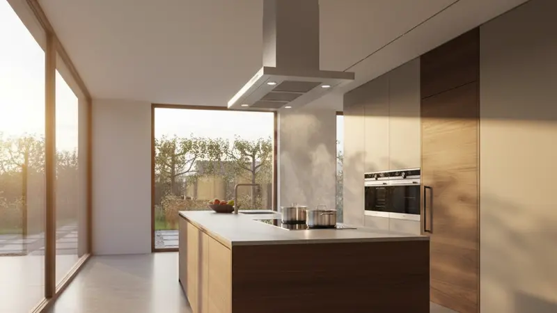 Leistungsstarke Deckenhaube über einer Kochinsel in einer modernen Wohnküche