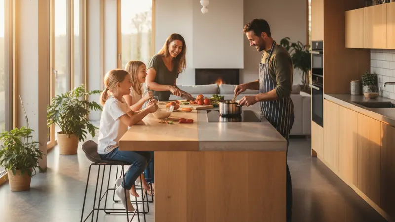 Familie beim Kochen in einer offenen Wohnküche mit natürlichem Tageslicht