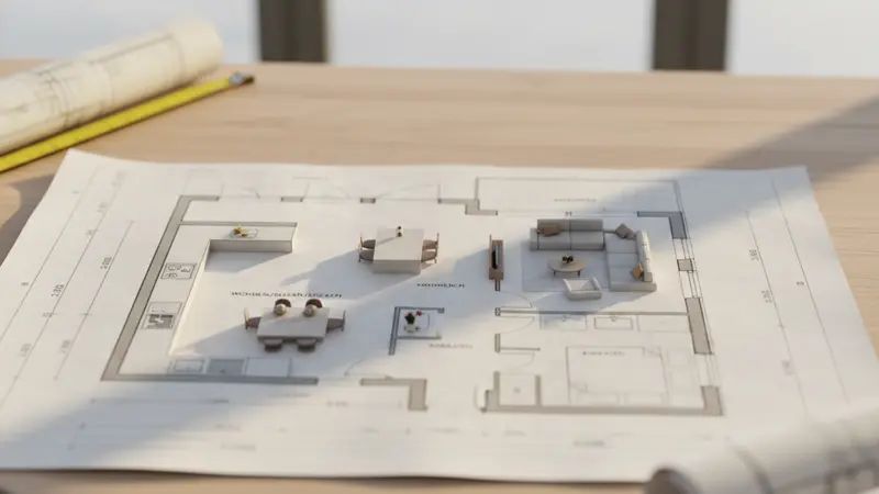 Architektonischer Grundriss einer offenen Wohnküche mit L-förmiger Küchenzeile und Essbereich