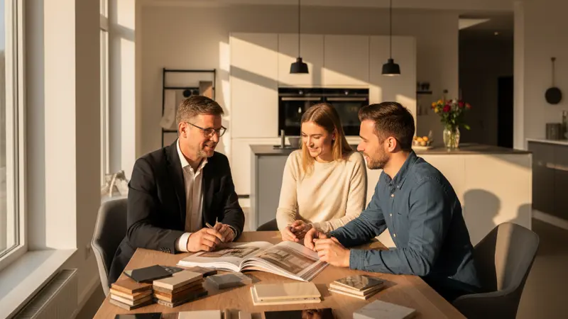Küchenplaner im Beratungsgespräch mit einem Paar in einem deutschen Küchenstudio