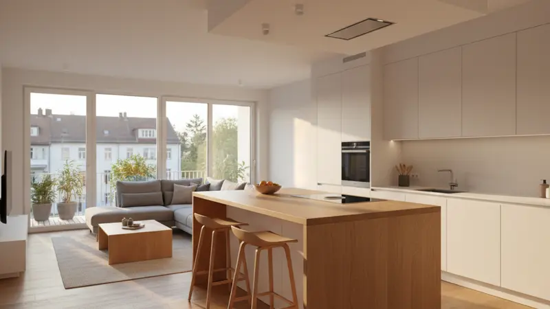 Moderne offene Wohnküche mit Kochinsel, weißen Fronten und Eichenholz-Arbeitsplatte in einer hellen deutschen Wohnung