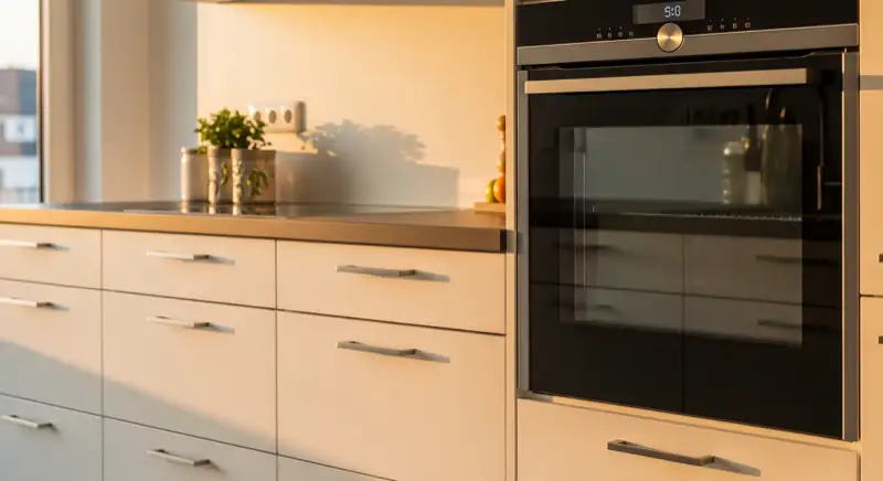 Close-up of modern kitchen countertop, handleless cabinet fronts and built-in oven, realistic German home interior