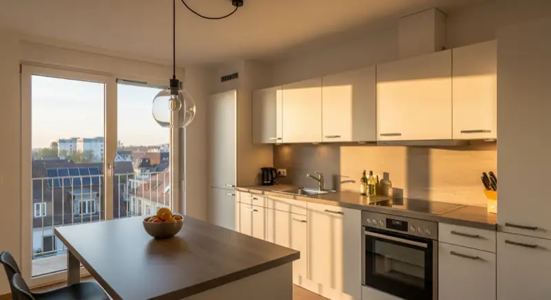 Modern German fitted kitchen in a real apartment, clean cabinetry, stone-look countertop, built-in appliances, warm natural daylight