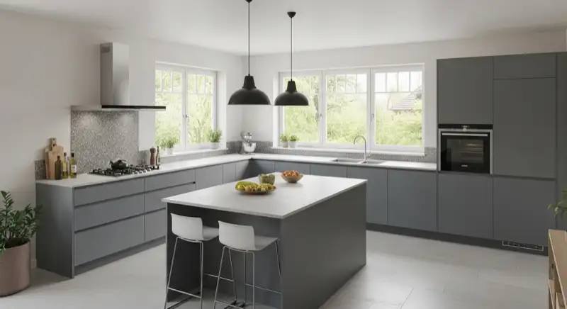 Open-plan German residential kitchen with island, wall cabinets and realistic apartment layout, wide-angle real-estate photography
