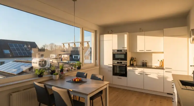 Modern mid-range German fitted kitchen with clean cabinets, integrated appliances and compact dining area, warm daylight, realistic home interior