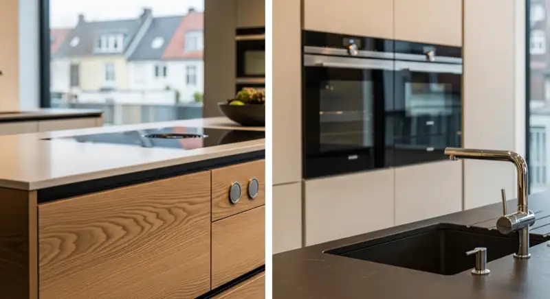 High-quality fitted kitchen showroom without people, realistic cabinetry details, integrated appliances and natural daylight