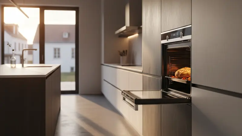 Einbaubackofen auf Augenhöhe in moderner Küche mit sichtbarem Gargut hinter Glastür