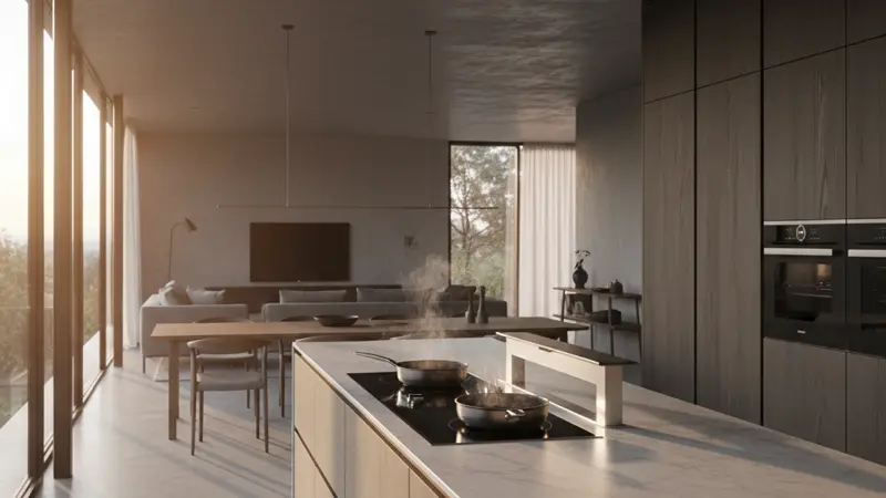 Dunstabzugshaube über Induktionskochfeld in offener Wohnküche mit aufsteigendem Dampf