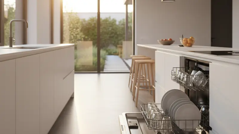 Geöffneter Einbau-Geschirrspüler in moderner weißer Küche mit sauberem Geschirr