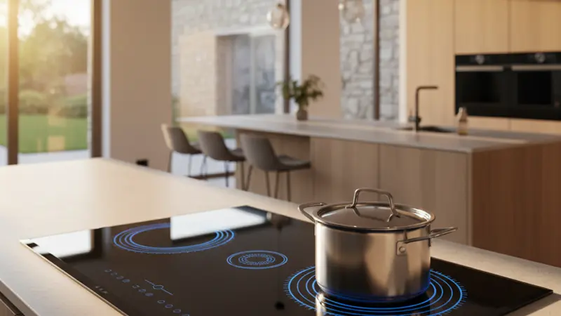 Modernes Induktionskochfeld mit Topf, blaue LED-Anzeige auf schwarzer Glasoberfläche