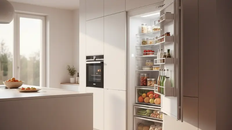 Großer Einbau-Kühlschrank mit geöffneter Tür und sichtbaren frischen Lebensmitteln