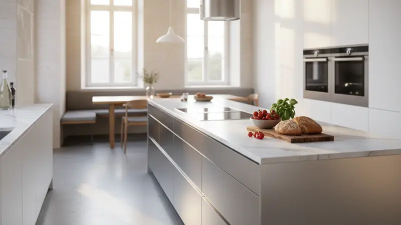 Moderne Küche mit hochwertigen Einbaugeräten aus Edelstahl, Induktionskochfeld und weißen Fronten