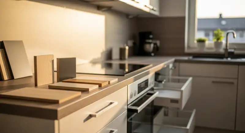 Küchenarbeitsplatte mit Frontmustern und eingebauten Geräten in neutralem Wohnraum