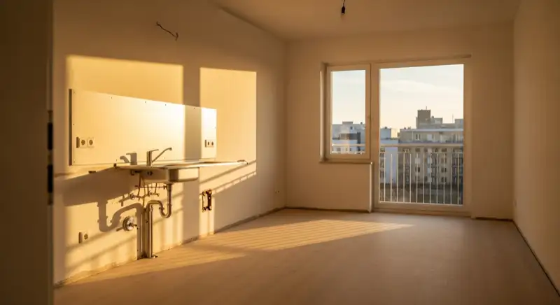 Leerer Küchenraum vor der Planung mit Anschlüssen, Fenster und sauberem Boden