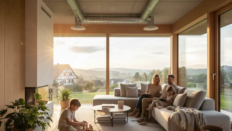 Familie in einem modernen Wohnzimmer mit guter Luftqualität